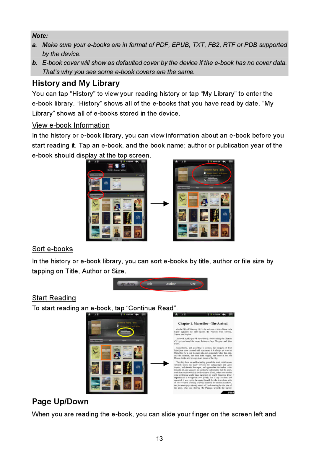 Nextbook NEXT3 warranty History and My Library, Up/Down, View e-book Information, Sort e-books, Start Reading 