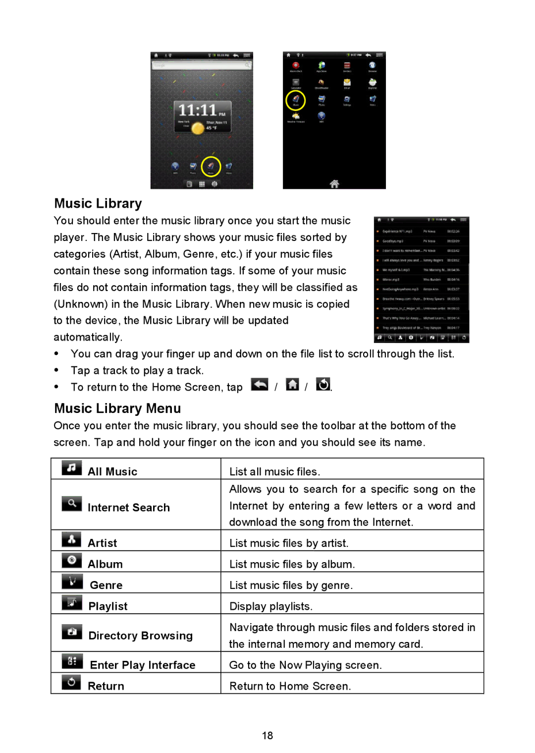 Nextbook NEXT3 warranty Music Library Menu 