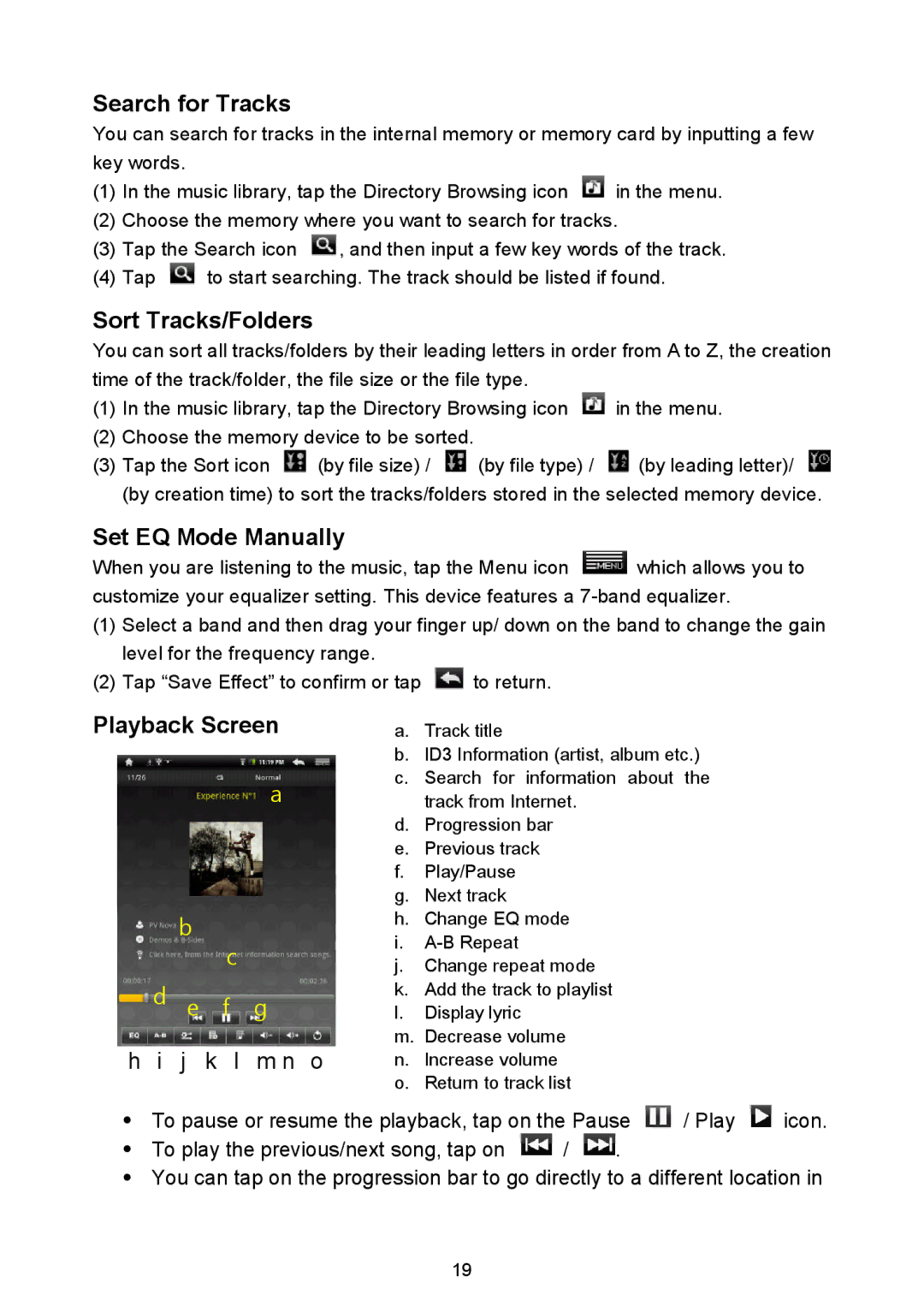 Nextbook NEXT3 warranty Search for Tracks, Sort Tracks/Folders, Set EQ Mode Manually, Playback Screen 