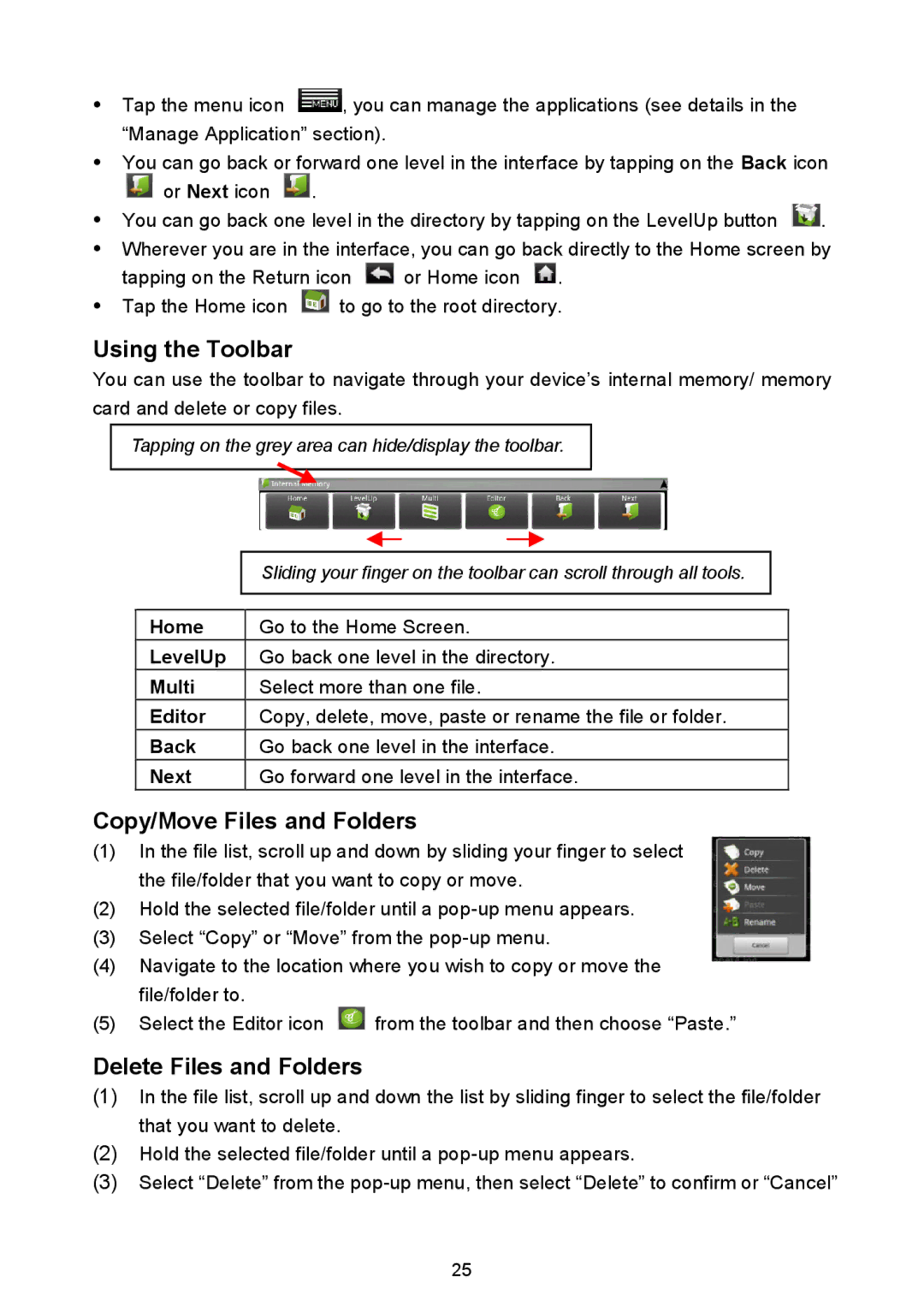 Nextbook NEXT3 warranty Using the Toolbar, Copy/Move Files and Folders, Delete Files and Folders 