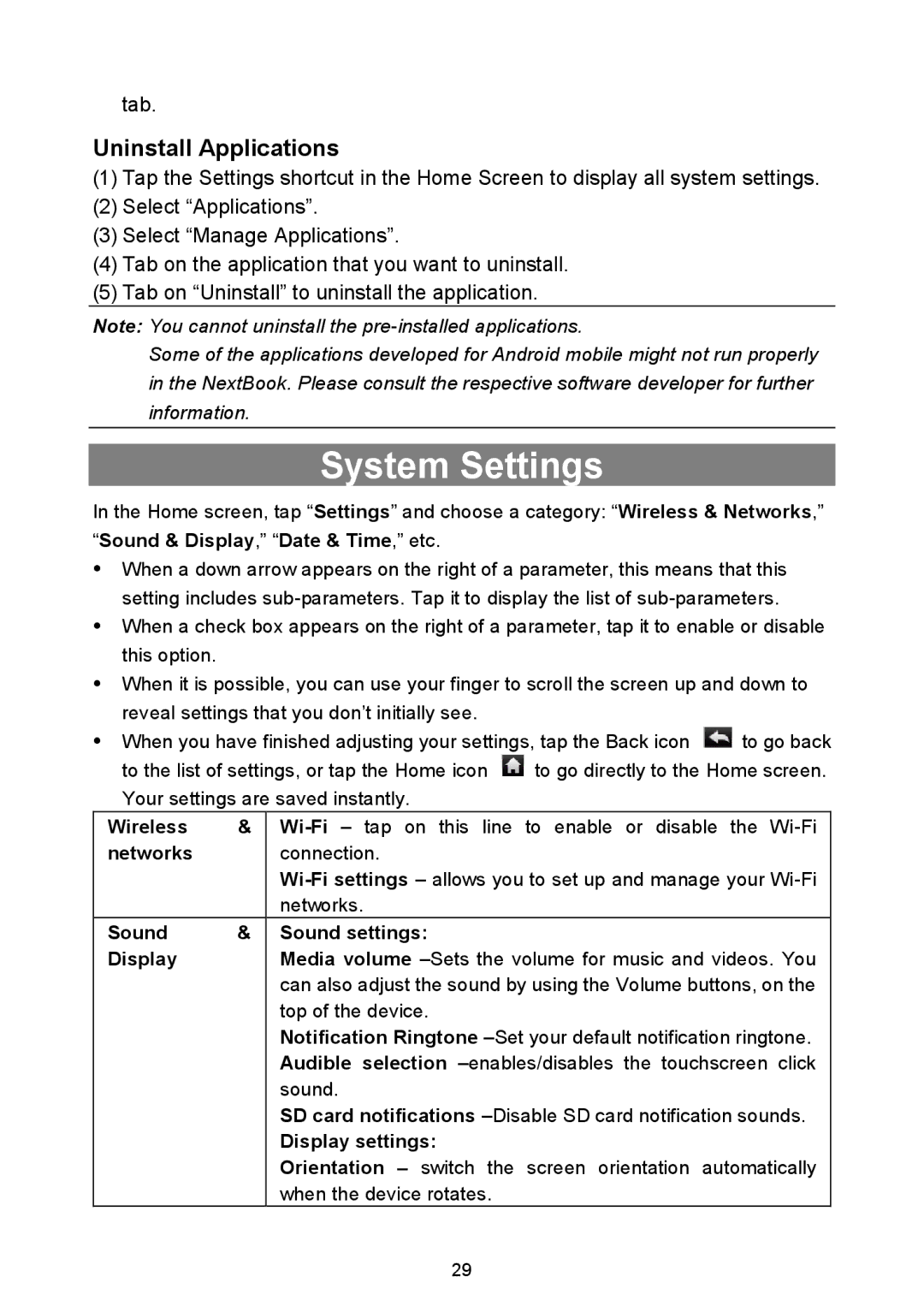Nextbook NEXT3 warranty System Settings, Uninstall Applications, Tab 
