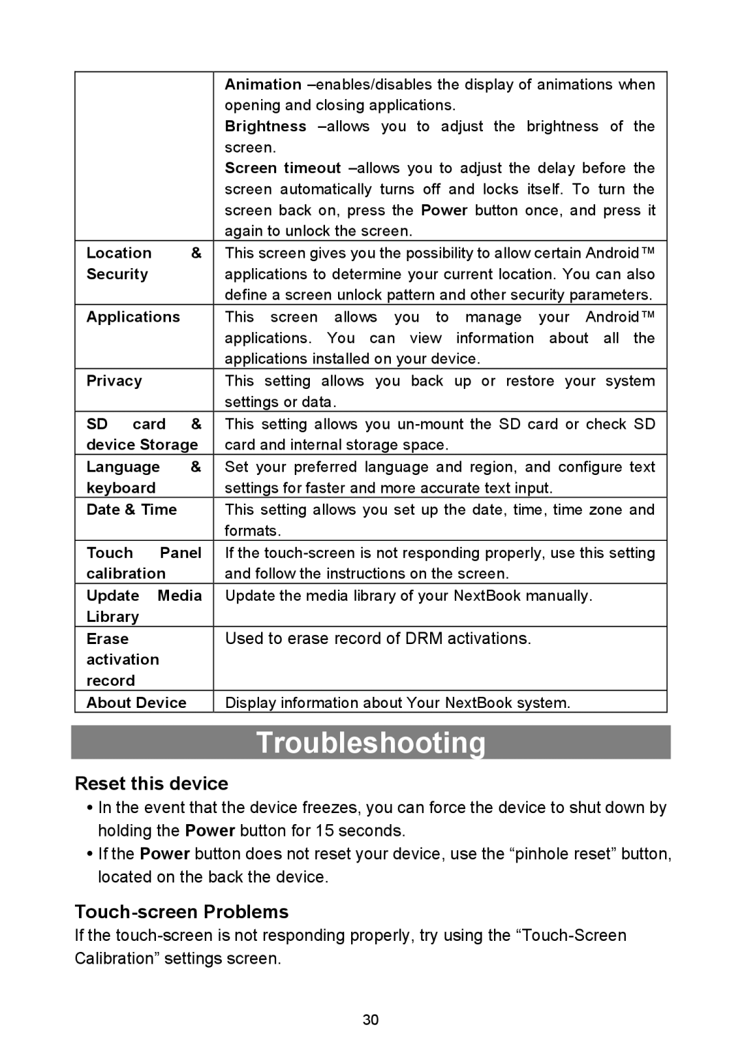 Nextbook NEXT3 warranty Troubleshooting, Reset this device, Touch-screen Problems, Used to erase record of DRM activations 