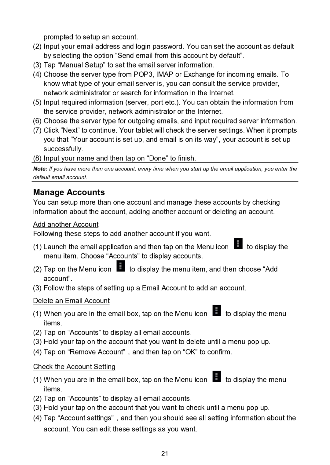 Nextbook NEXT7P12 instruction manual Manage Accounts 