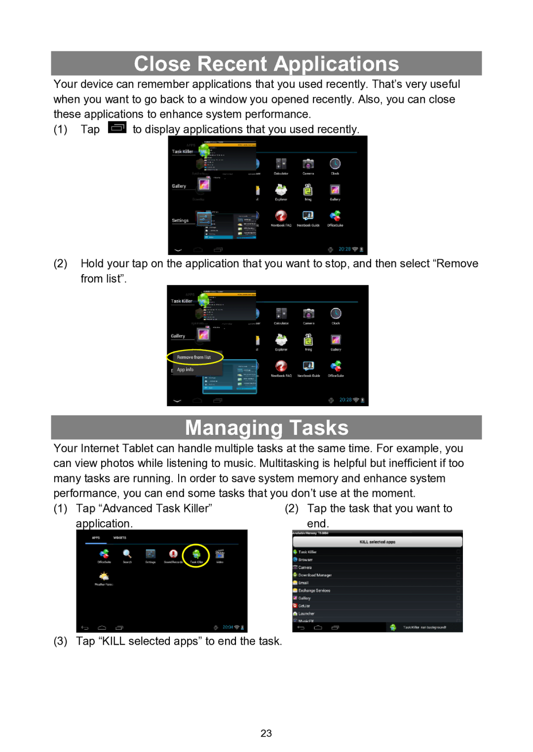 Nextbook NEXT7P12 instruction manual Close Recent Applications, Managing Tasks 