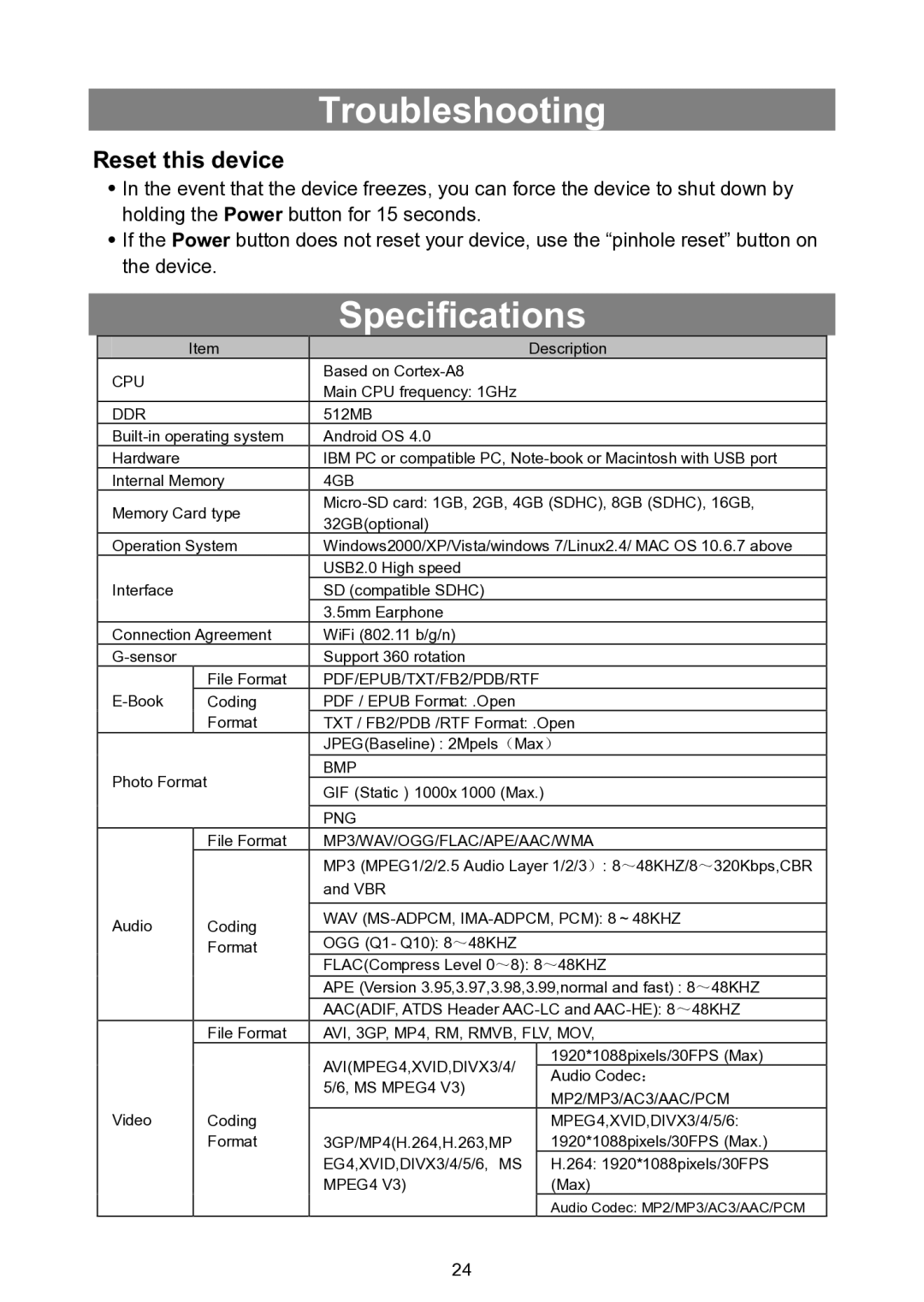 Nextbook NEXT7P12 instruction manual Troubleshooting, Specifications, Reset this device 