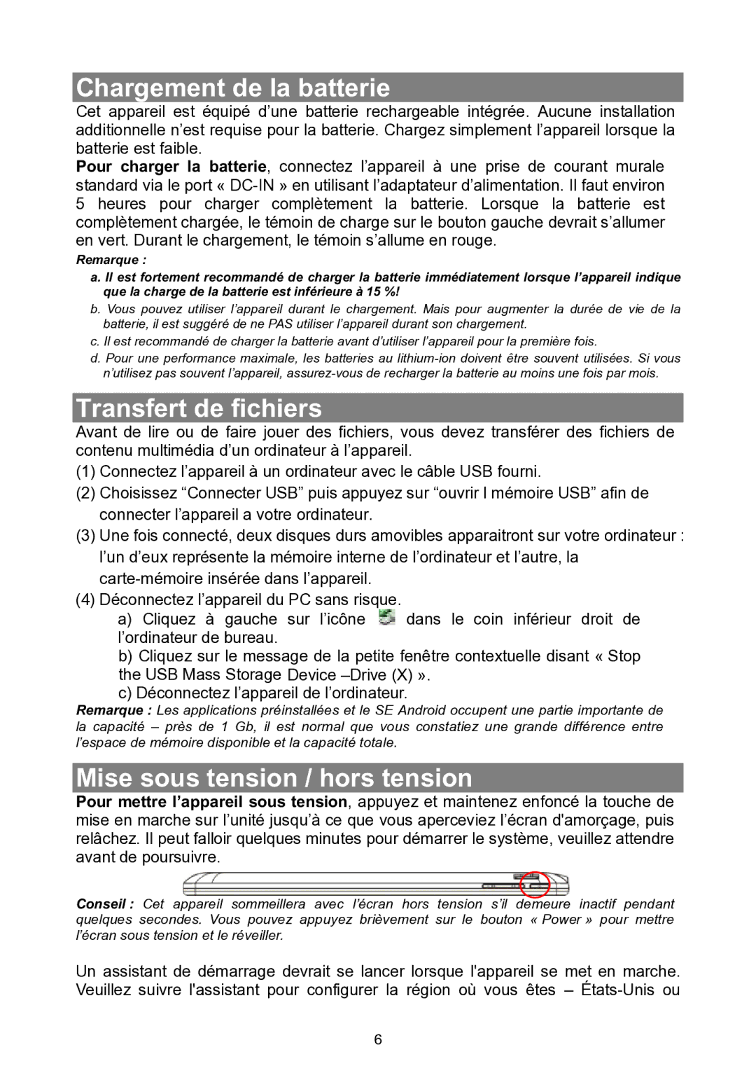 Nextbook NEXT7P12 instruction manual Chargement de la batterie, Transfert de fichiers, Mise sous tension / hors tension 