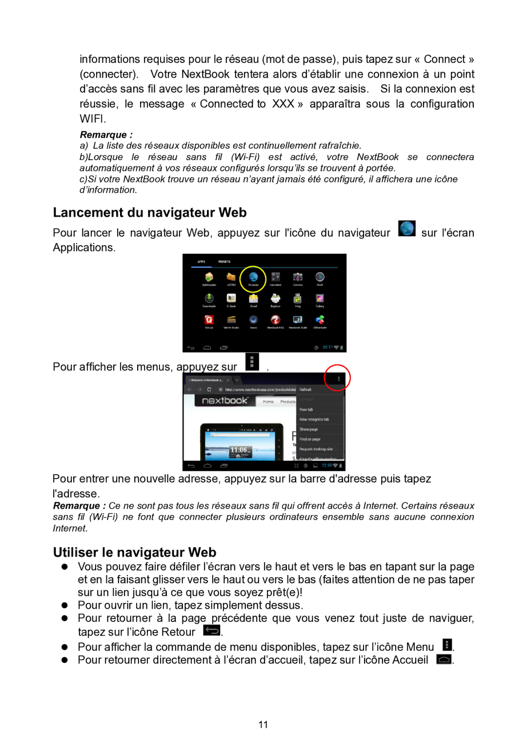 Nextbook NEXT7P12 instruction manual Lancement du navigateur Web, Utiliser le navigateur Web 