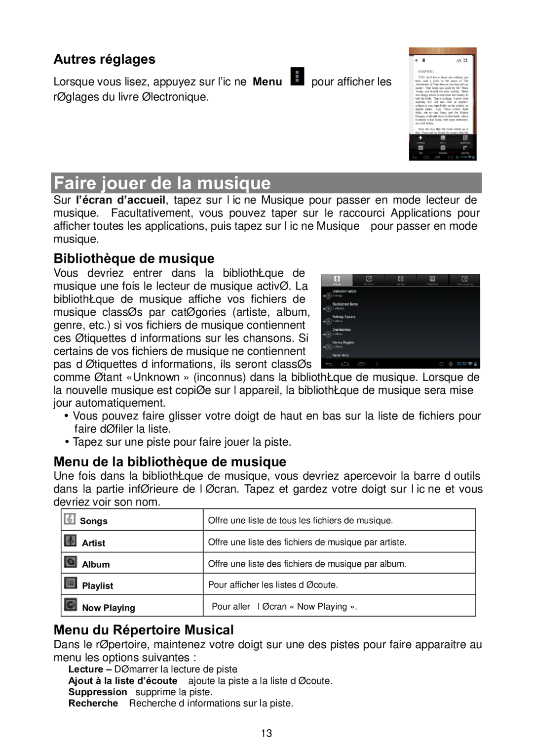 Nextbook NEXT7P12 Faire jouer de la musique, Autres réglages, Bibliothèque de musique, Menu de la bibliothèque de musique 