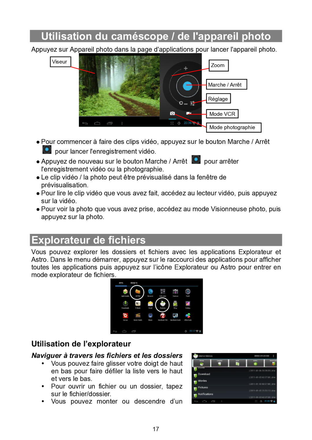 Nextbook NEXT7P12 Utilisation du caméscope / de lappareil photo, Explorateur de fichiers, Utilisation de l’explorateur 