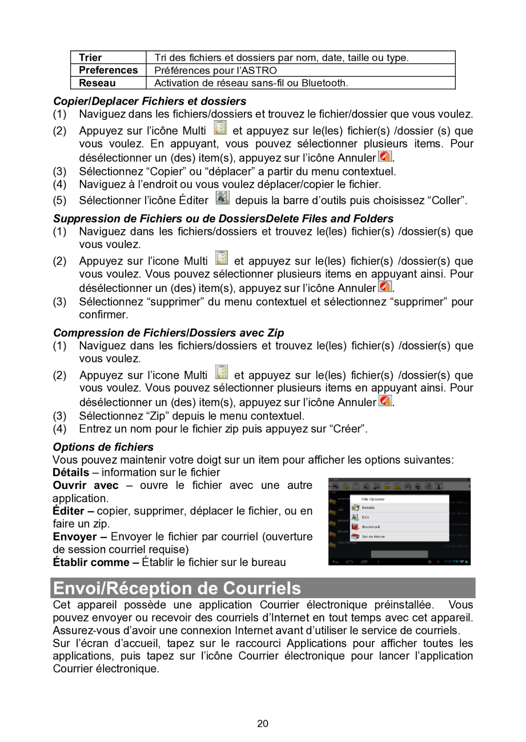 Nextbook NEXT7P12 instruction manual Envoi/Réception de Courriels, Copier/Deplacer Fichiers et dossiers 