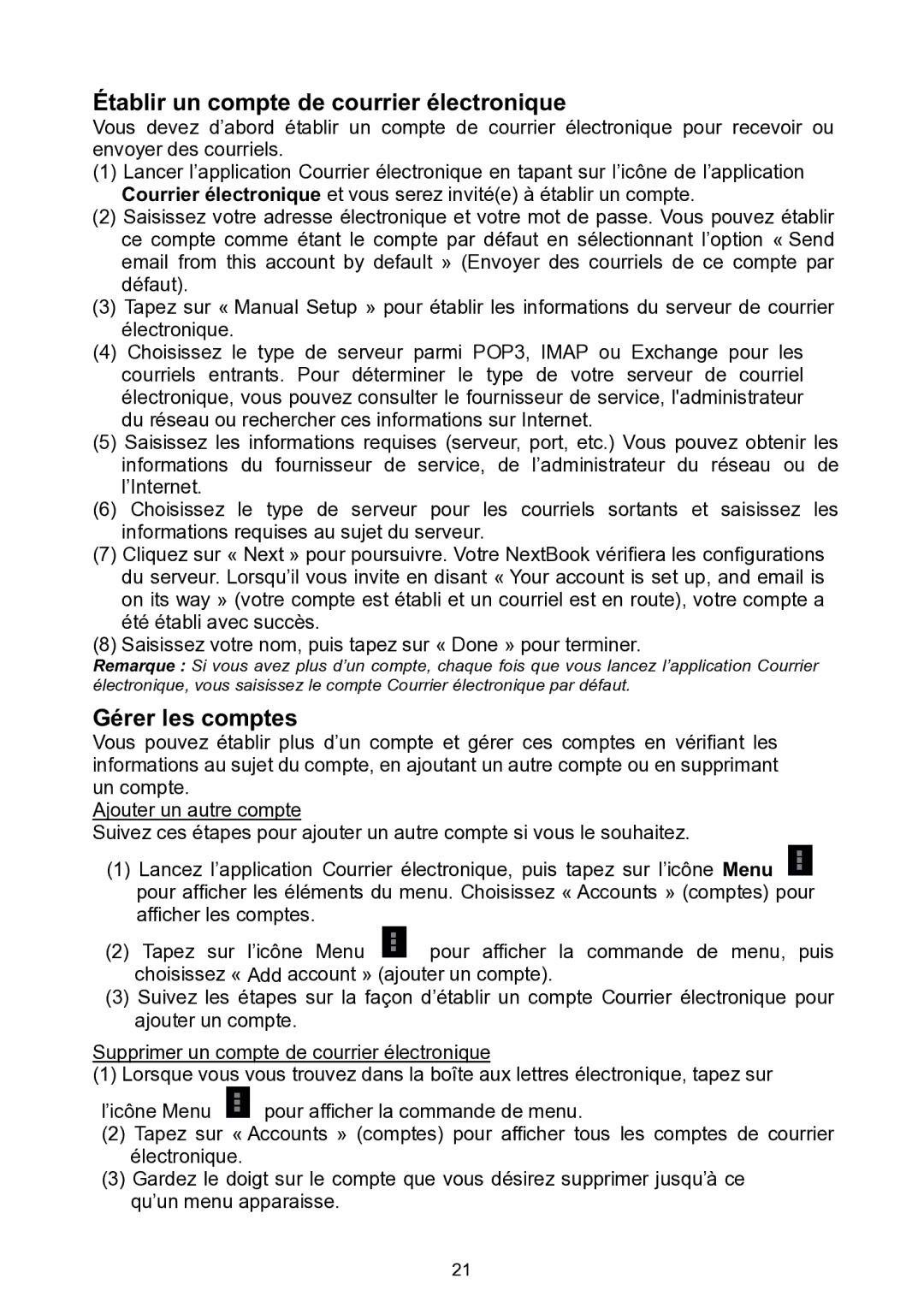 Nextbook NEXT7P12 instruction manual Établir un compte de courrier électronique, Gérer les comptes 