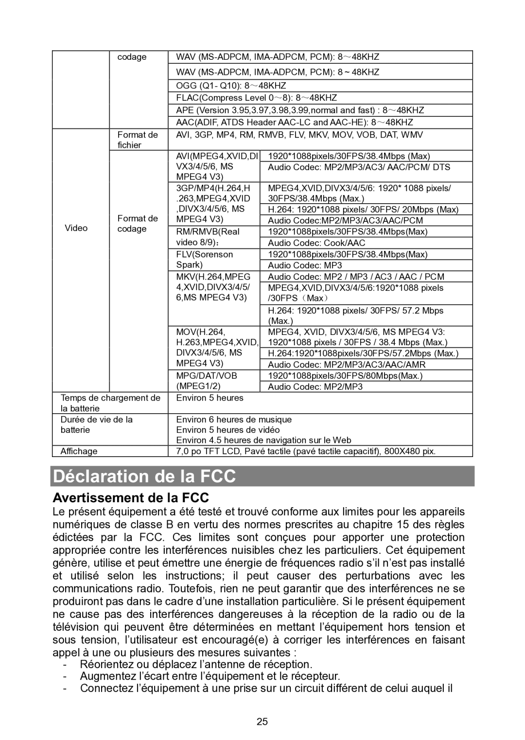 Nextbook NEXT7P12 instruction manual Déclaration de la FCC, Avertissement de la FCC 