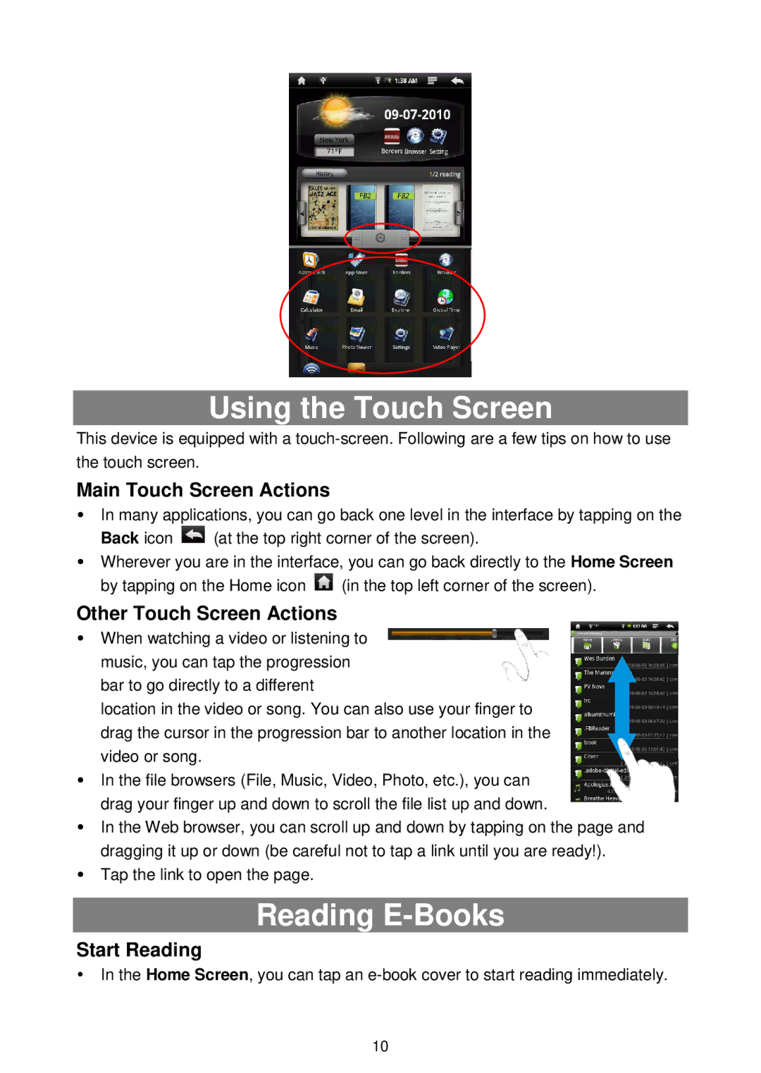 Nextbook NEXT8P12 warranty Using the Touch Screen, Reading E-Books, Main Touch Screen Actions, Other Touch Screen Actions 