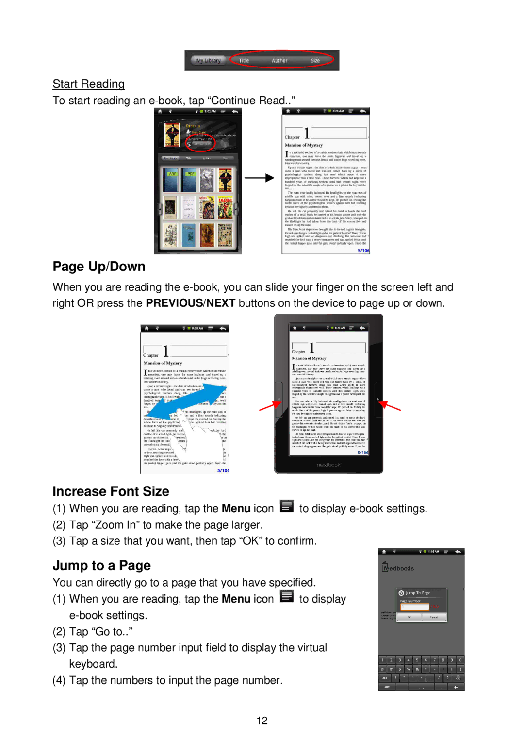 Nextbook NEXT8P12, NEXT7P12GP warranty Up/Down, Increase Font Size, Jump to a, Start Reading 