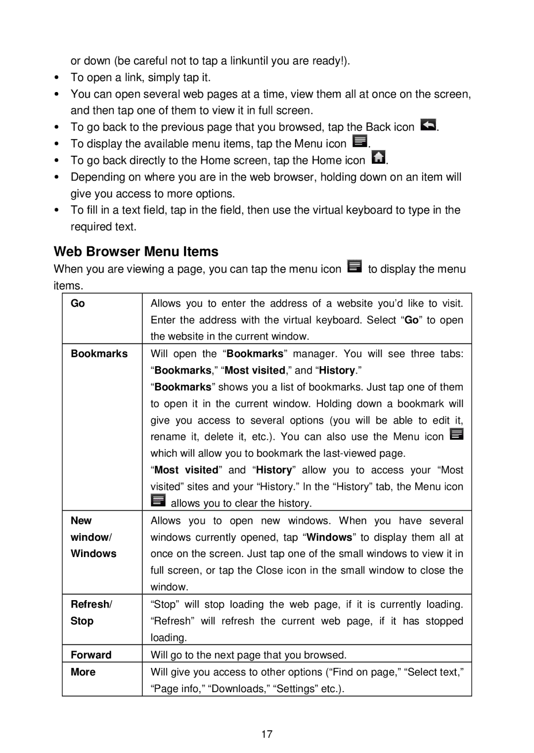 Nextbook NEXT7P12GP, NEXT8P12 warranty Web Browser Menu Items, Bookmarks , Most visited , and History 