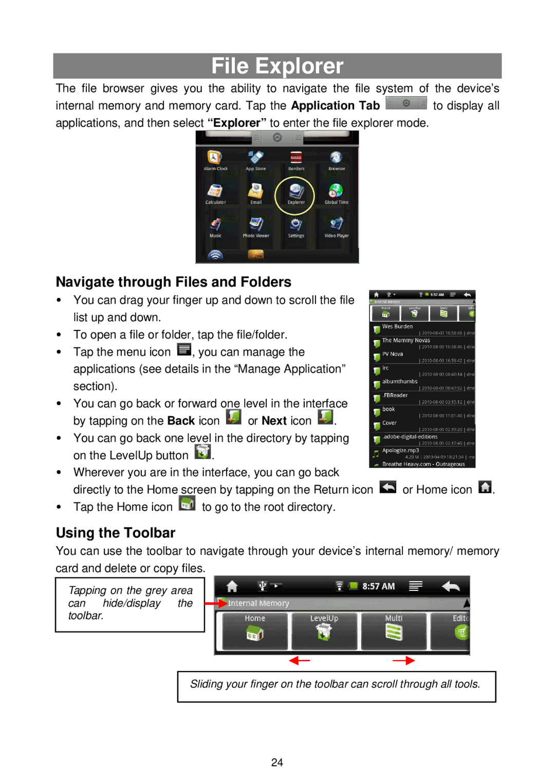 Nextbook NEXT8P12, NEXT7P12GP warranty File Explorer, Navigate through Files and Folders, Using the Toolbar 