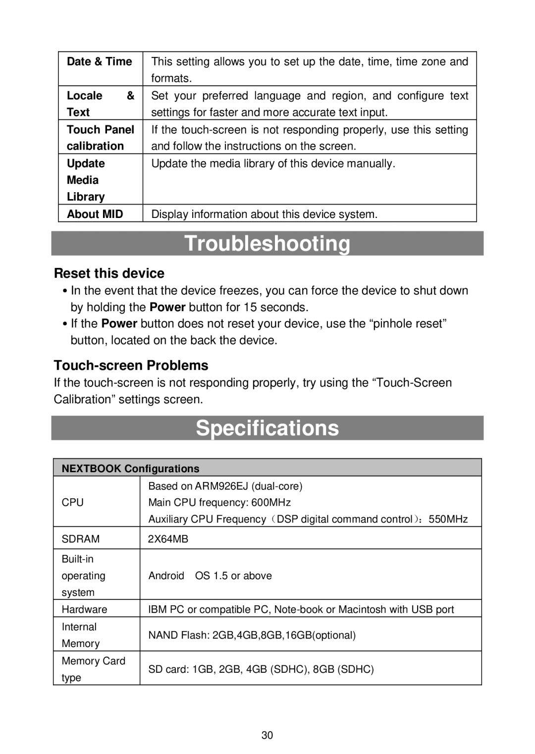 Nextbook NEXT8P12, NEXT7P12GP warranty Troubleshooting, Specifications, Reset this device, Touch-screen Problems 