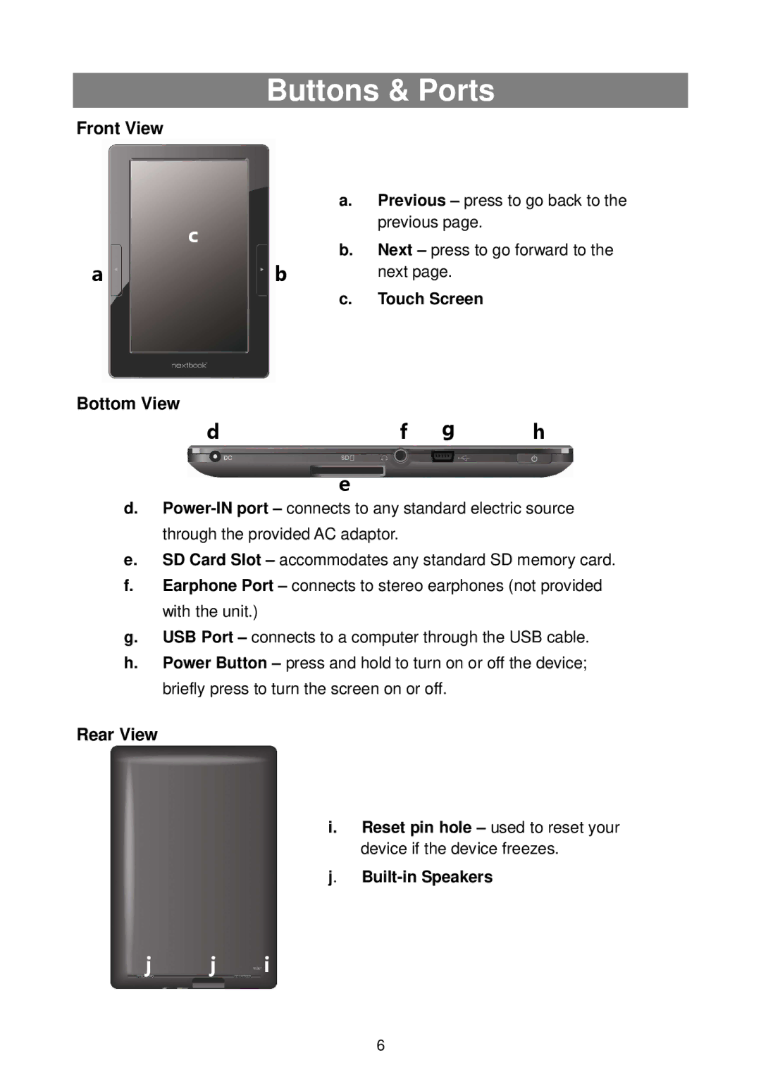 Nextbook NEXT8P12, NEXT7P12GP warranty Buttons & Ports, Front View 