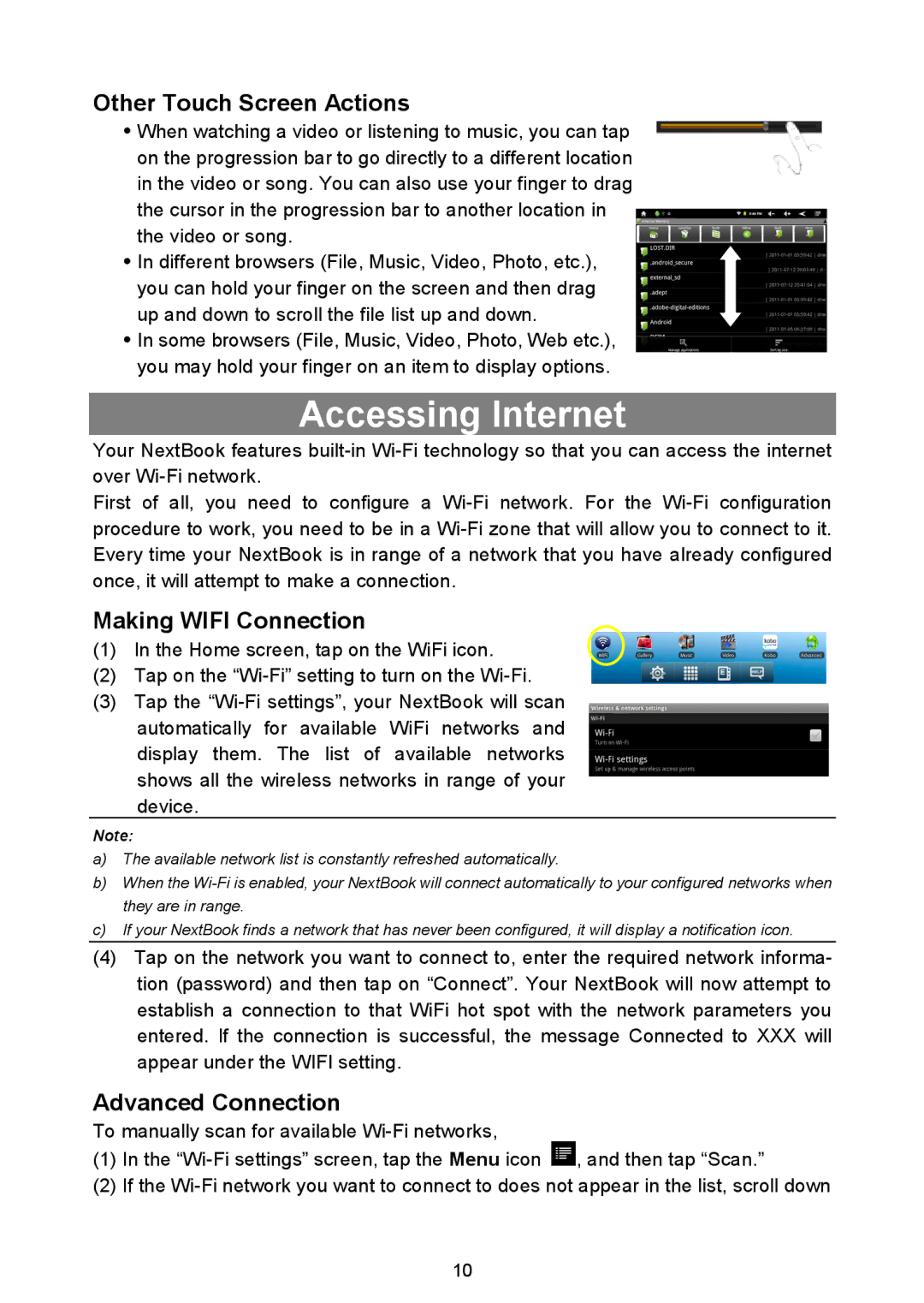 Nextbook NEXT8P12 Accessing Internet, Other Touch Screen Actions, Making Wifi Connection, Advanced Connection 