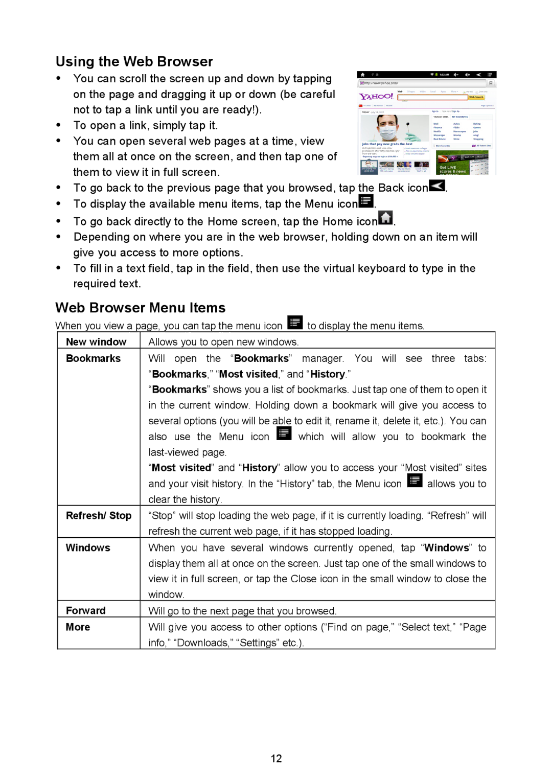 Nextbook NEXT8P12 instruction manual Using the Web Browser, Web Browser Menu Items 