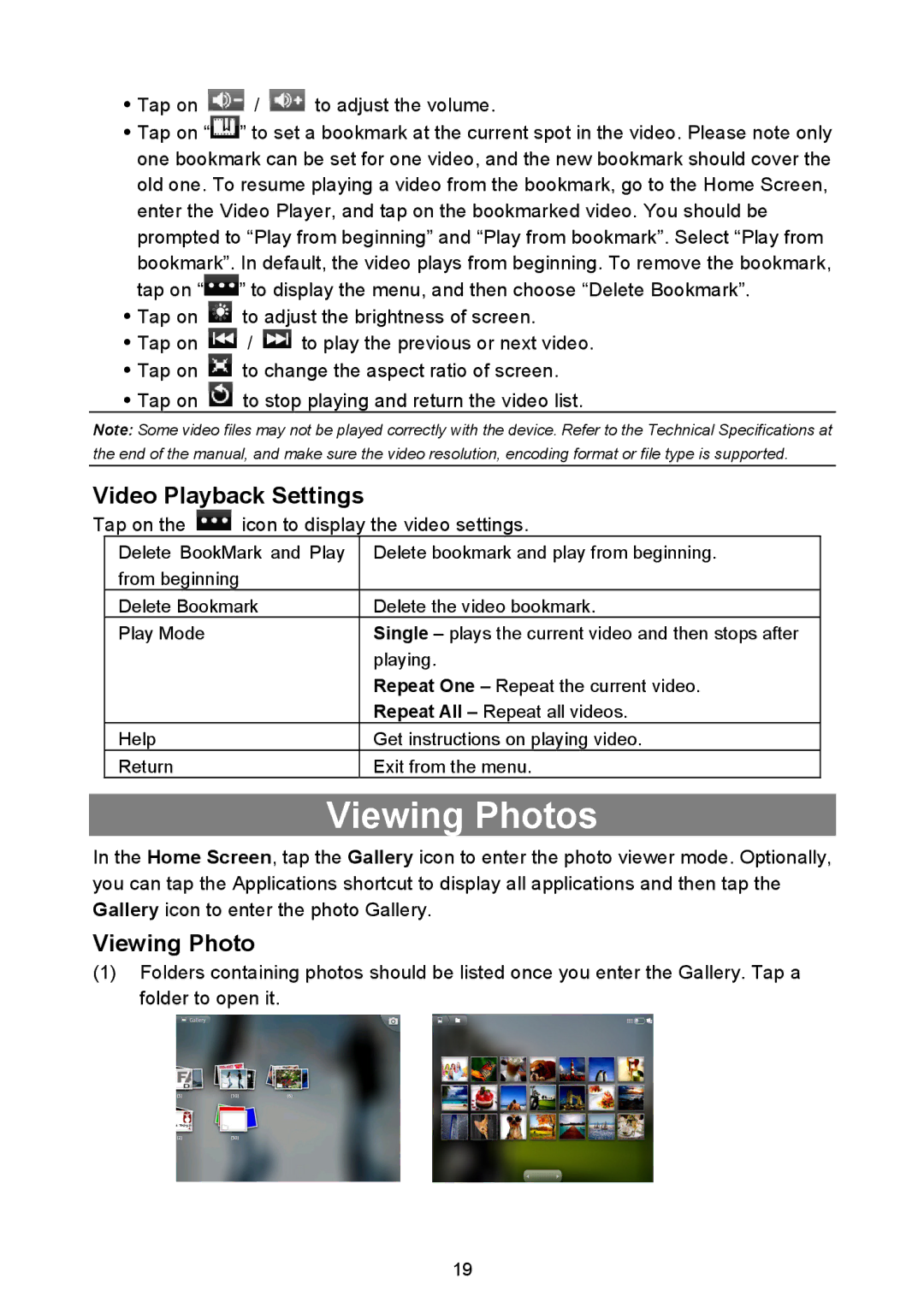 Nextbook NEXT8P12 instruction manual Viewing Photos, Video Playback Settings 