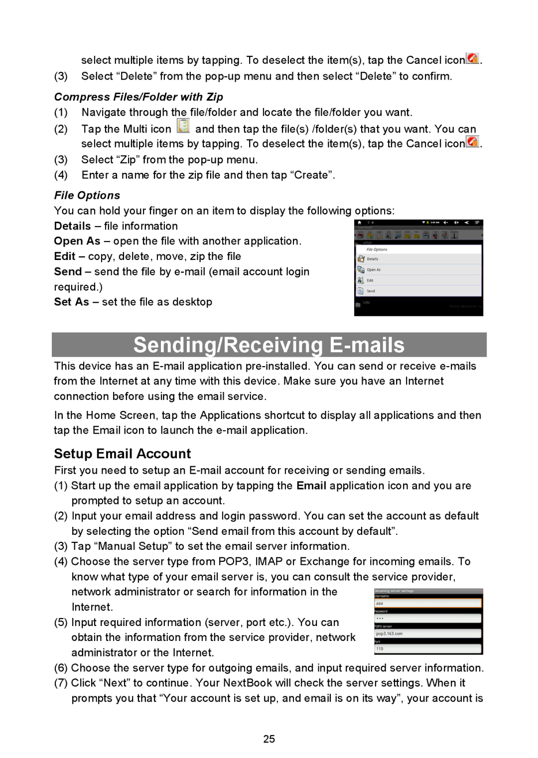 Nextbook NEXT8P12 instruction manual Sending/Receiving E-mails, Setup Email Account 