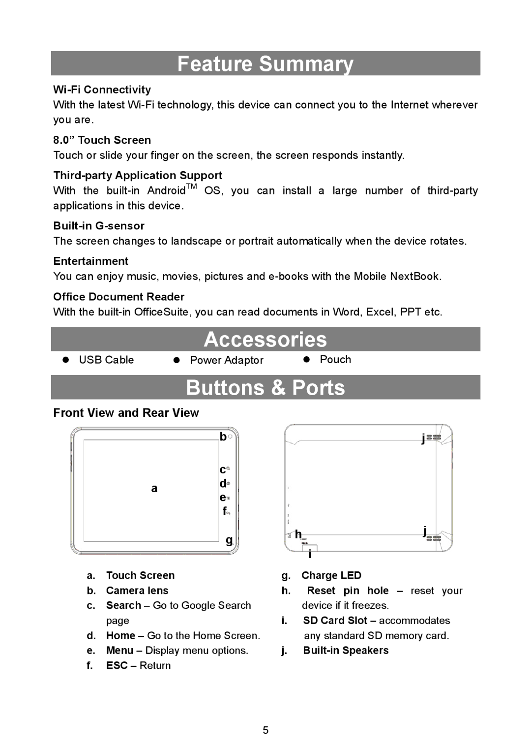 Nextbook NEXT8P12 instruction manual Feature Summary, Accessories, Buttons & Ports 