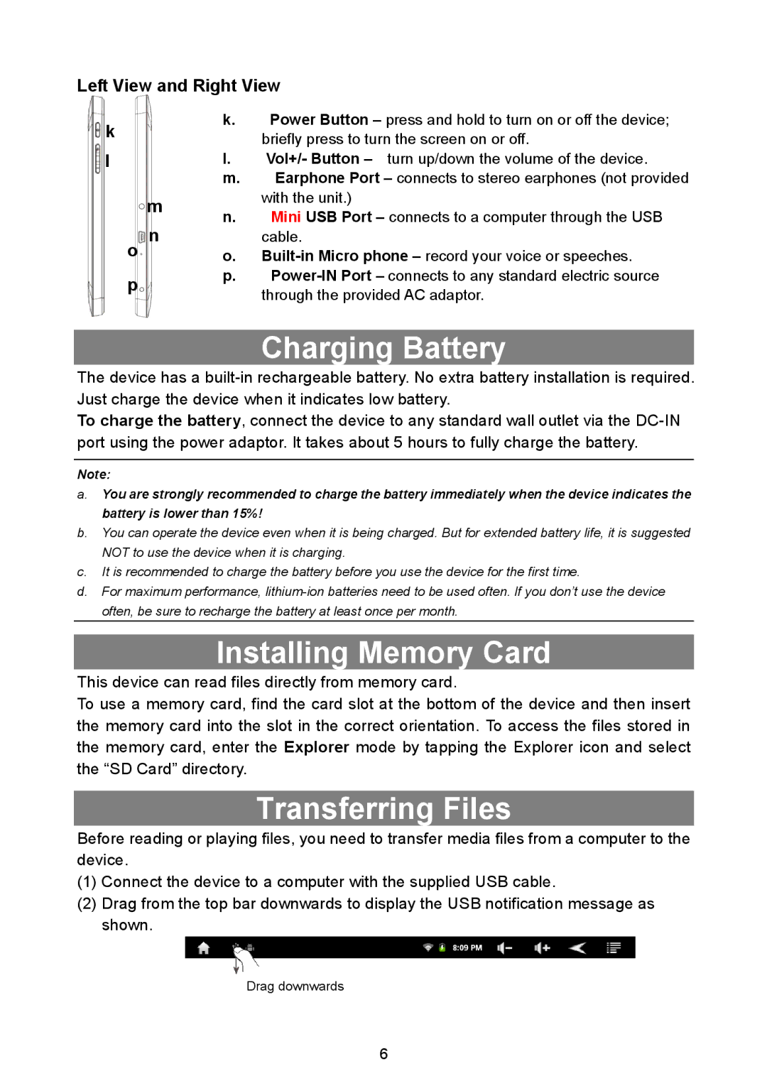 Nextbook NEXT8P12 instruction manual Charging Battery, Installing Memory Card, Transferring Files 