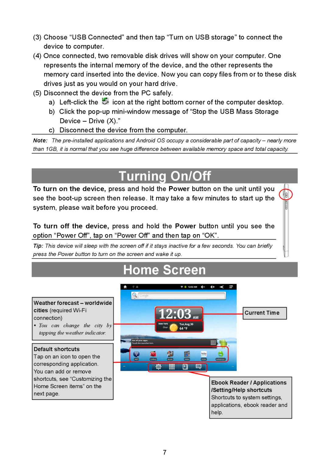 Nextbook NEXT8P12 instruction manual Turning On/Off, Home Screen 