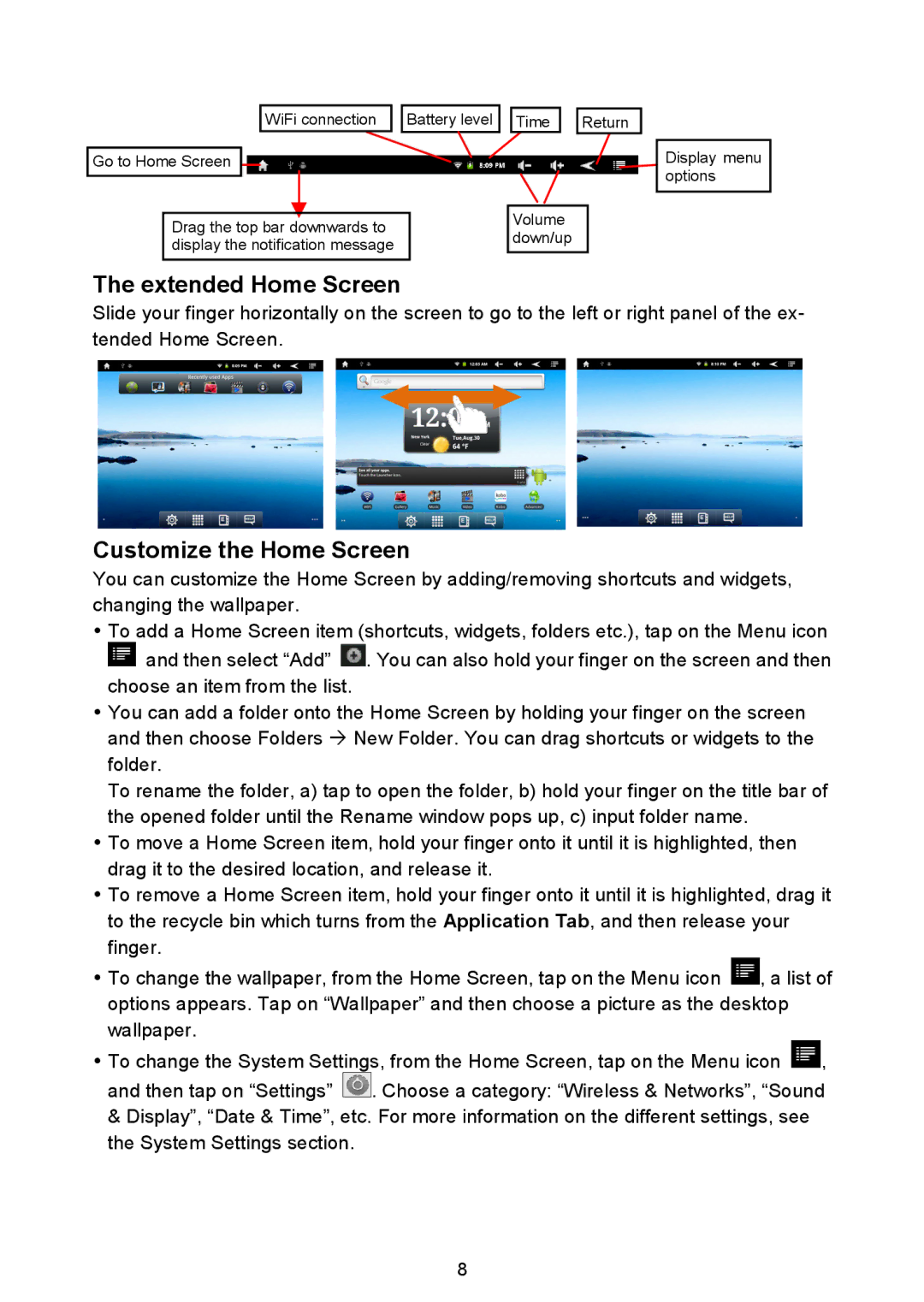 Nextbook NEXT8P12 instruction manual Extended Home Screen, Customize the Home Screen 