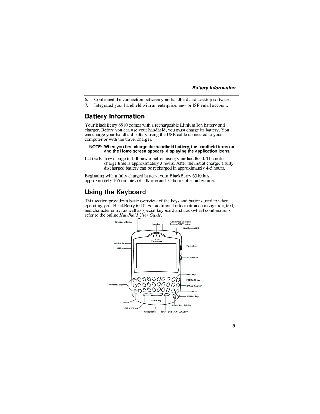 Nextel comm 6510 manual Battery Information, Using the Keyboard 