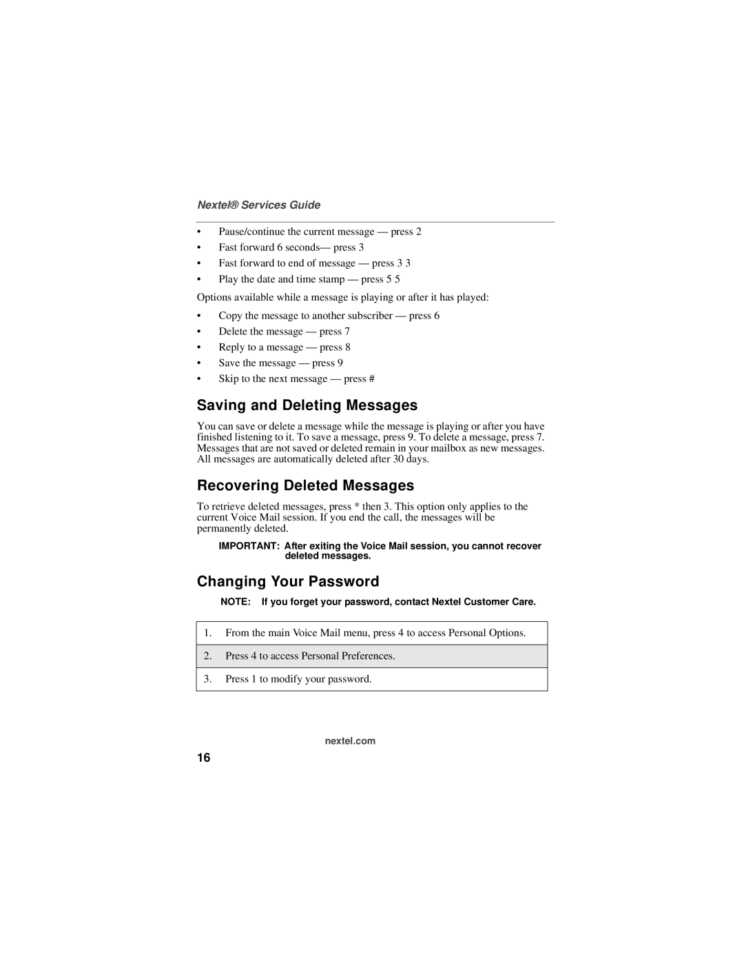 Nextel comm 6510 manual Saving and Deleting Messages, Recovering Deleted Messages, Changing Your Password 