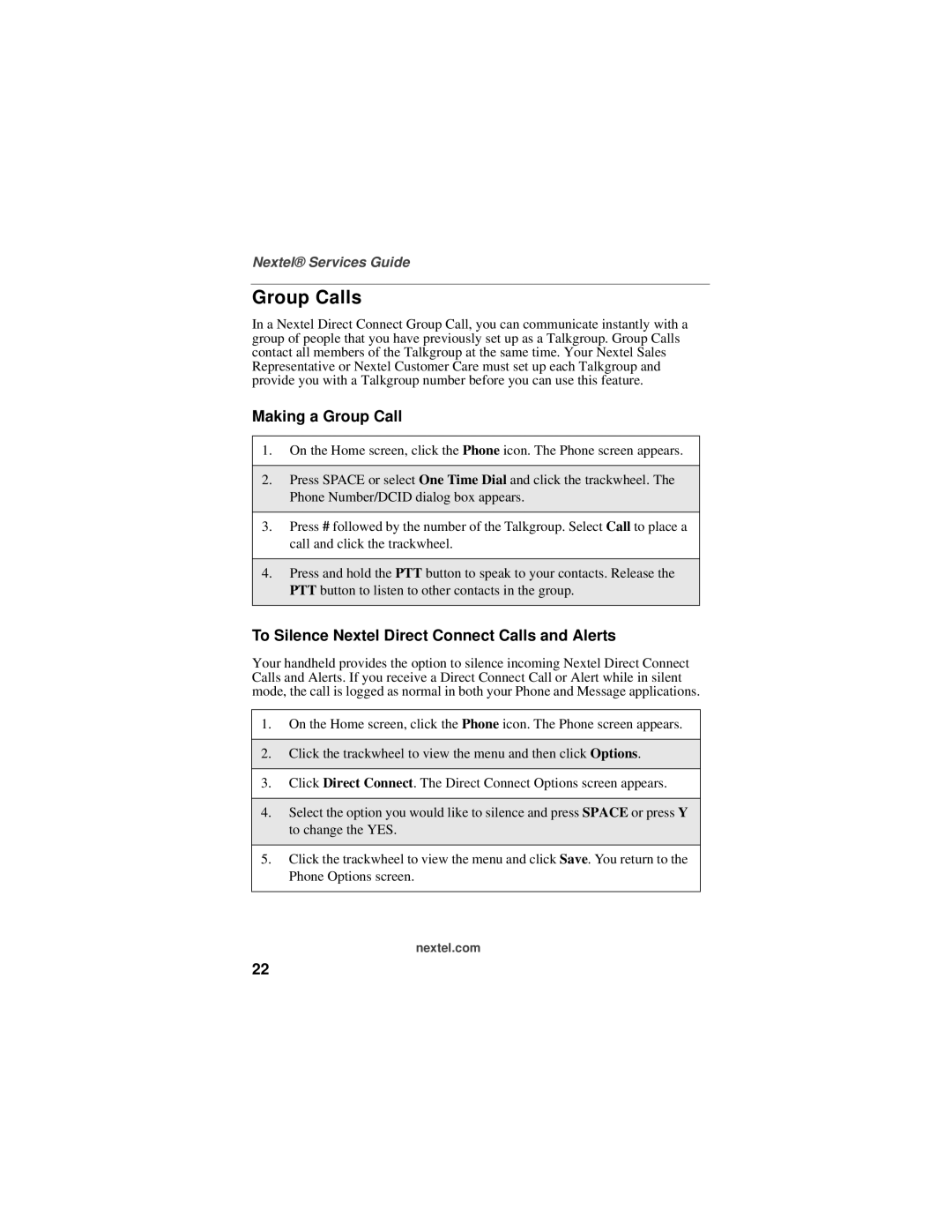 Nextel comm 6510 manual Group Calls, Making a Group Call, To Silence Nextel Direct Connect Calls and Alerts 
