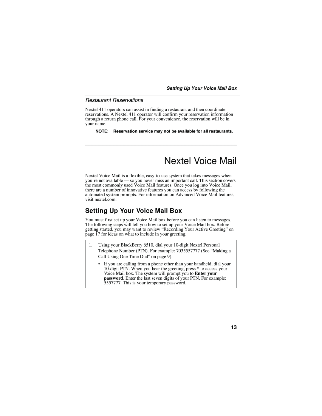 Nextel comm 6510 manual Nextel Voice Mail, Setting Up Your Voice Mail Box, Restaurant Reservations 