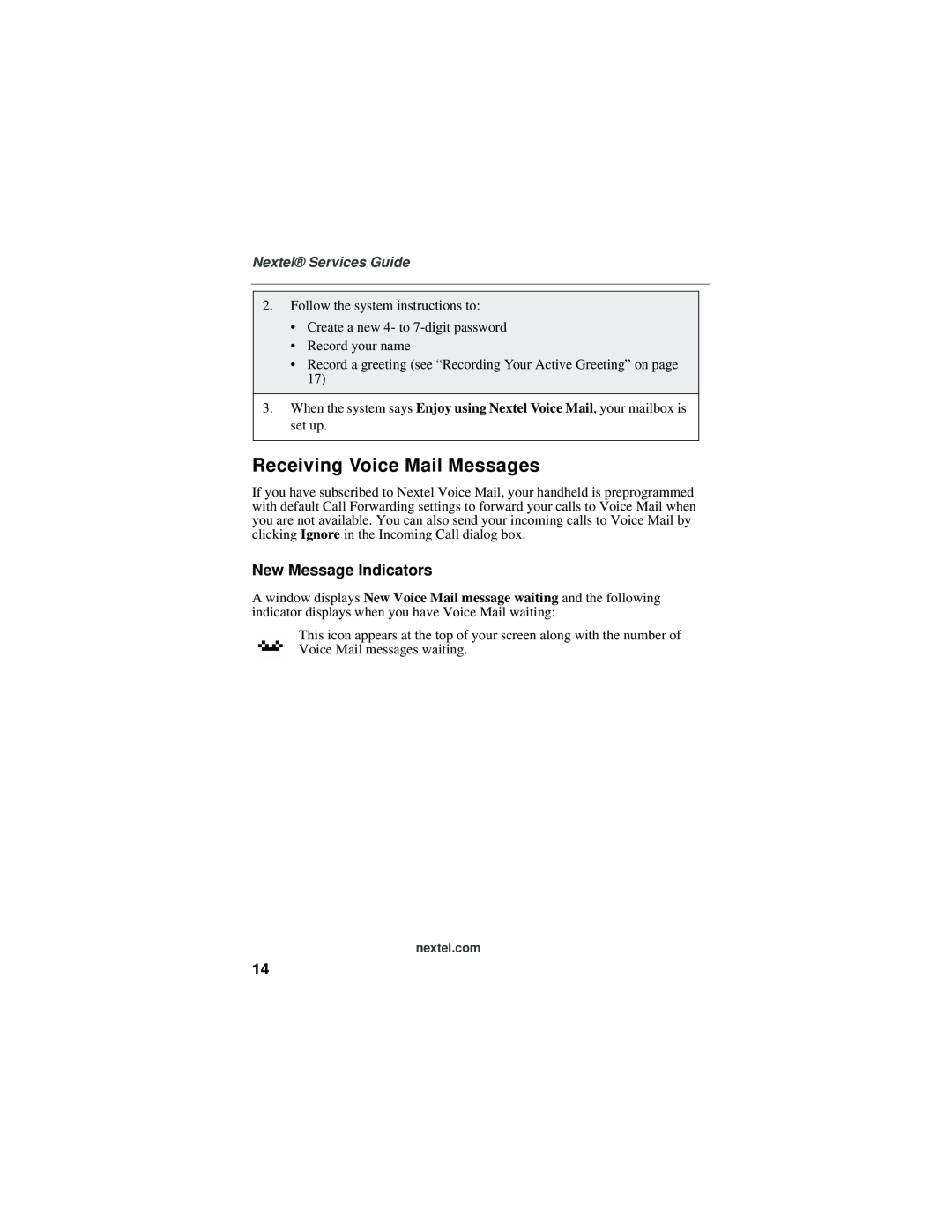 Nextel comm 6510 manual Receiving Voice Mail Messages, New Message Indicators, Nextel Services Guide 