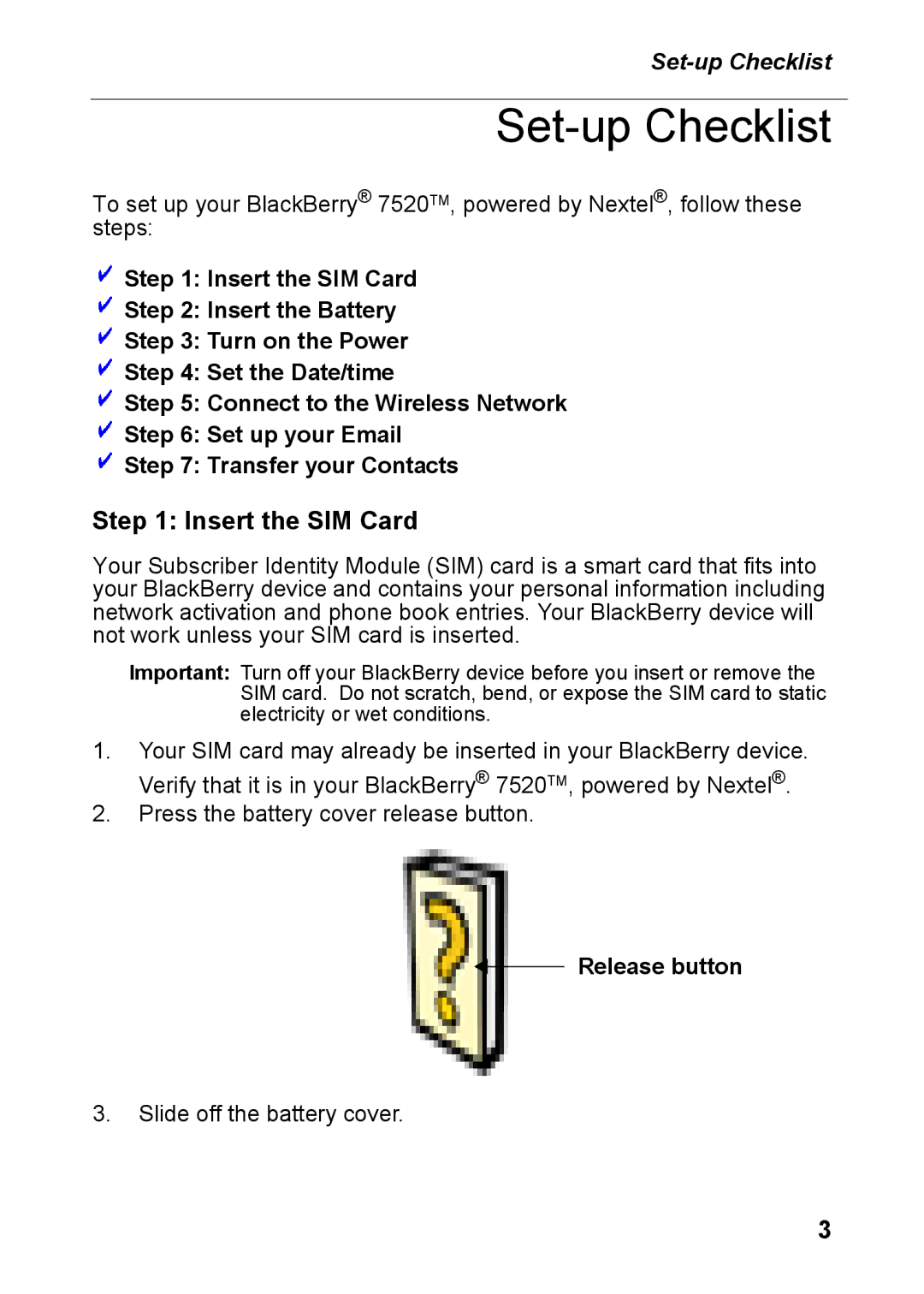 Nextel comm 7520 manual Set-up Checklist, Insert the SIM Card, Release button 