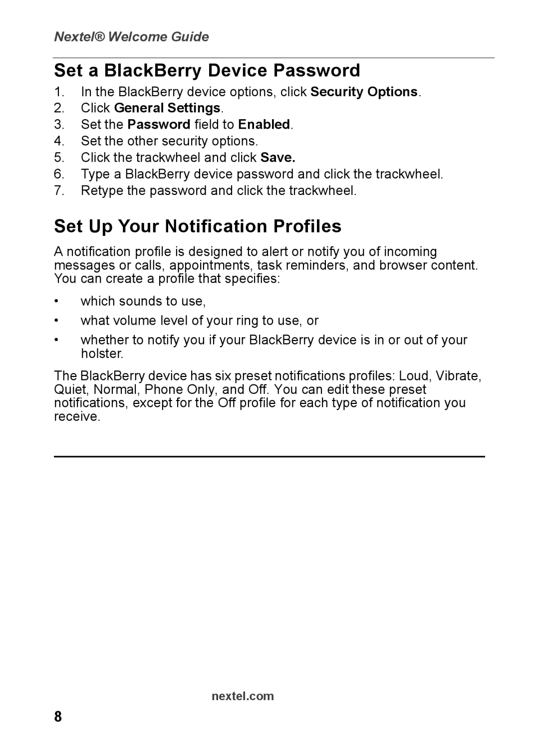 Nextel comm 7520 manual Set a BlackBerry Device Password, Set Up Your Notification Profiles, Click General Settings 