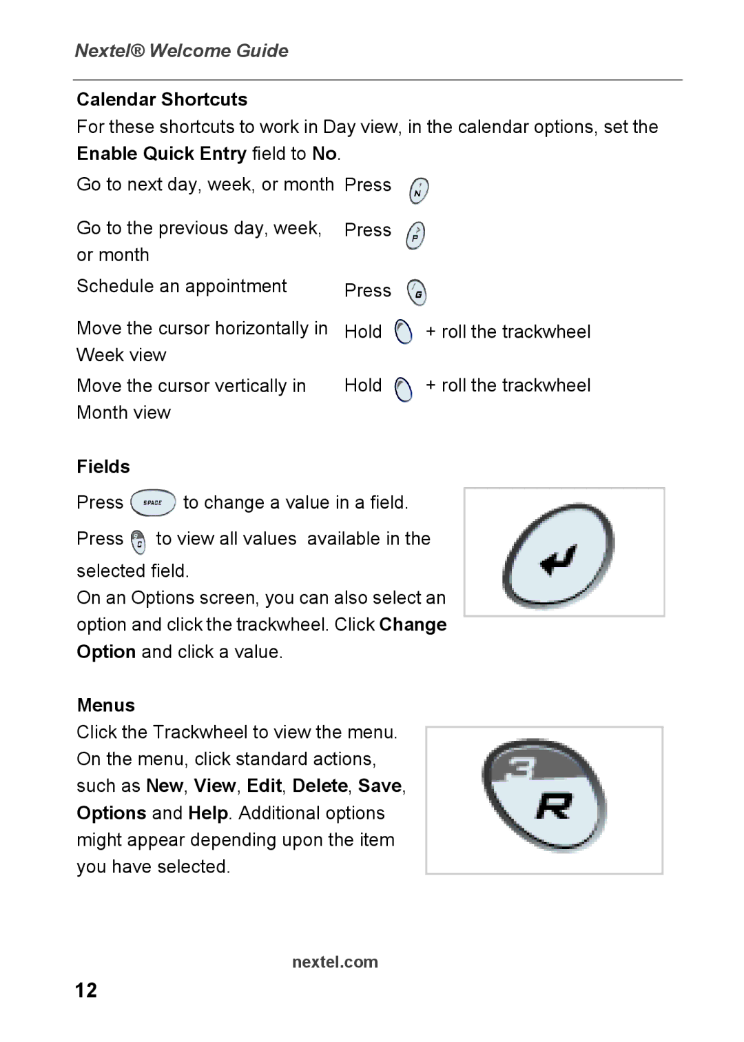 Nextel comm 7520 manual Calendar Shortcuts, Fields, Menus 