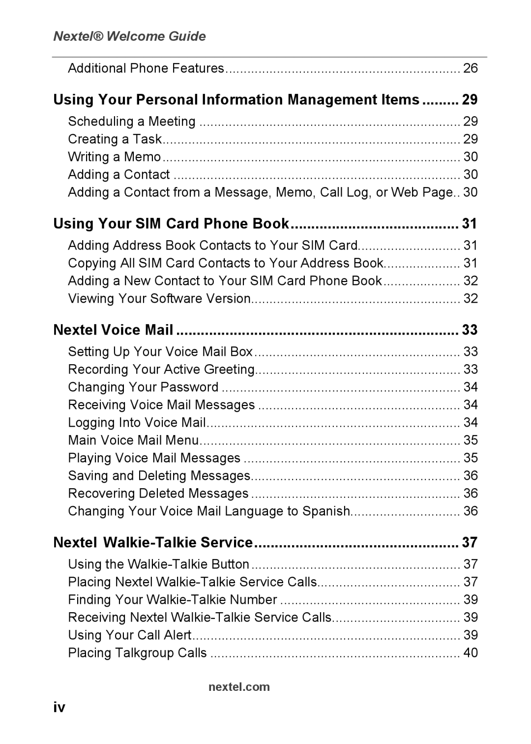 Nextel comm 7520 manual Using Your Personal Information Management Items, Using Your SIM Card Phone Book, Nextel Voice Mail 