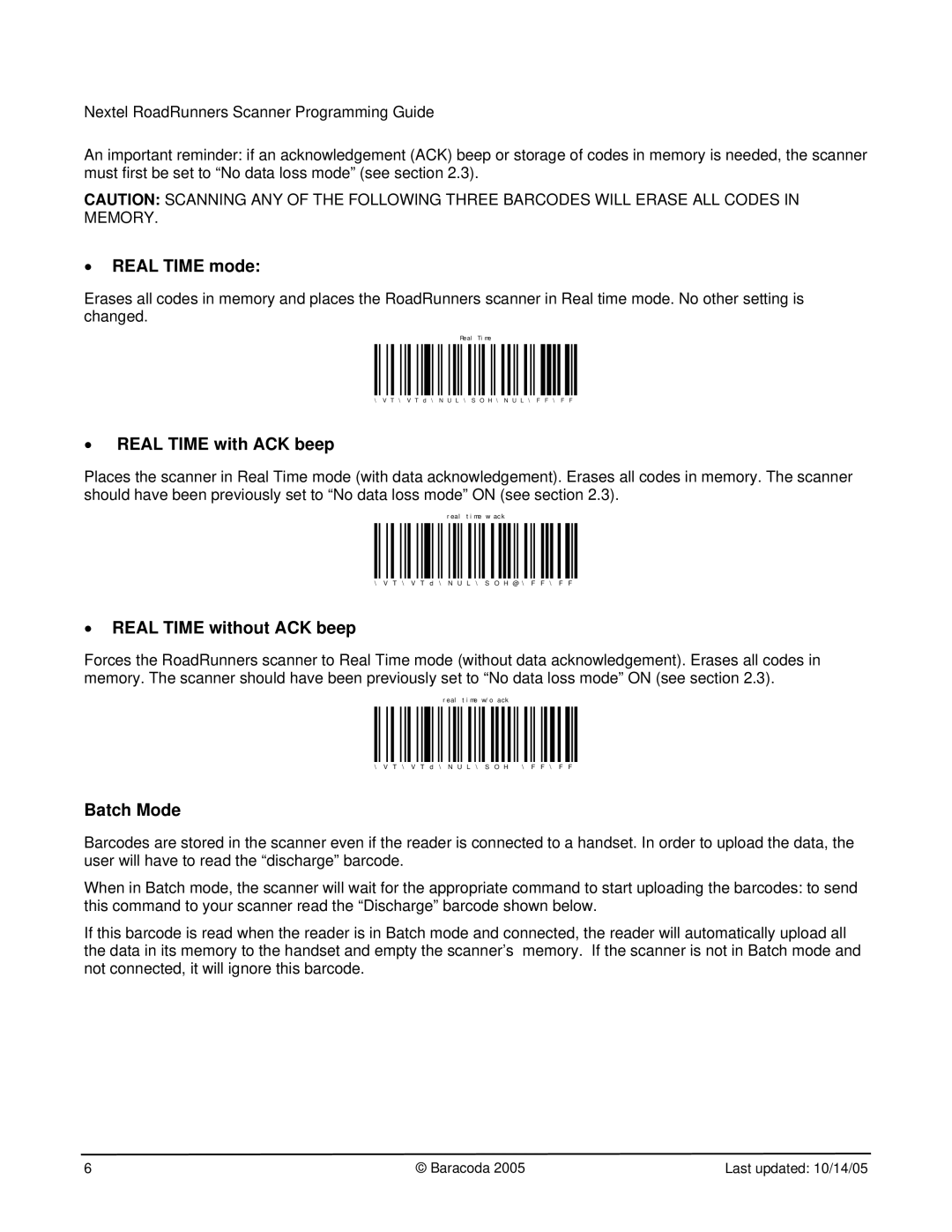 Nextel comm BRR-L manual Real Time mode, Real Time with ACK beep, Real Time without ACK beep, Batch Mode 