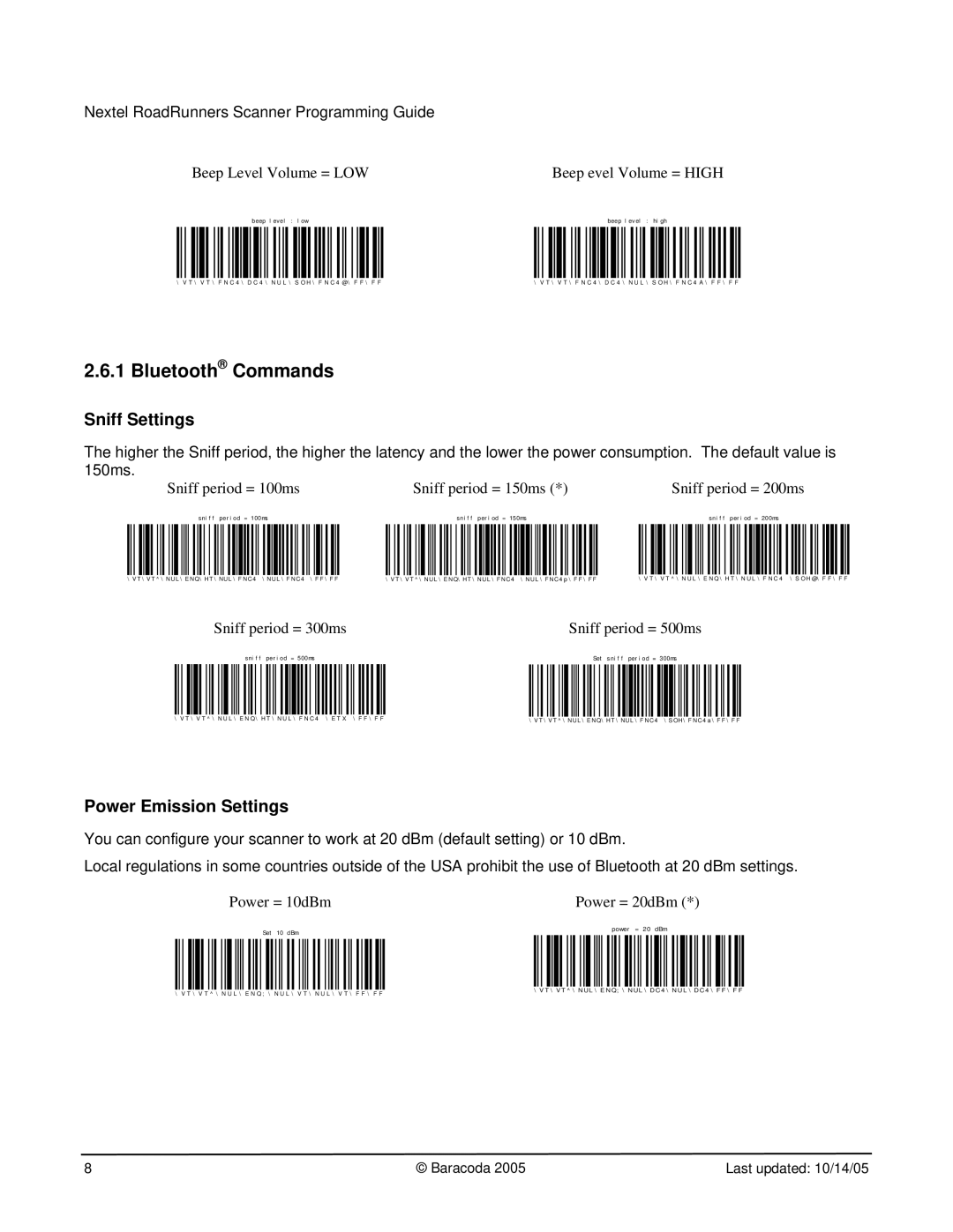 Nextel comm BRR-L manual Sniff Settings, Power Emission Settings, Beep Level Volume = LOW Beep evel Volume = High 