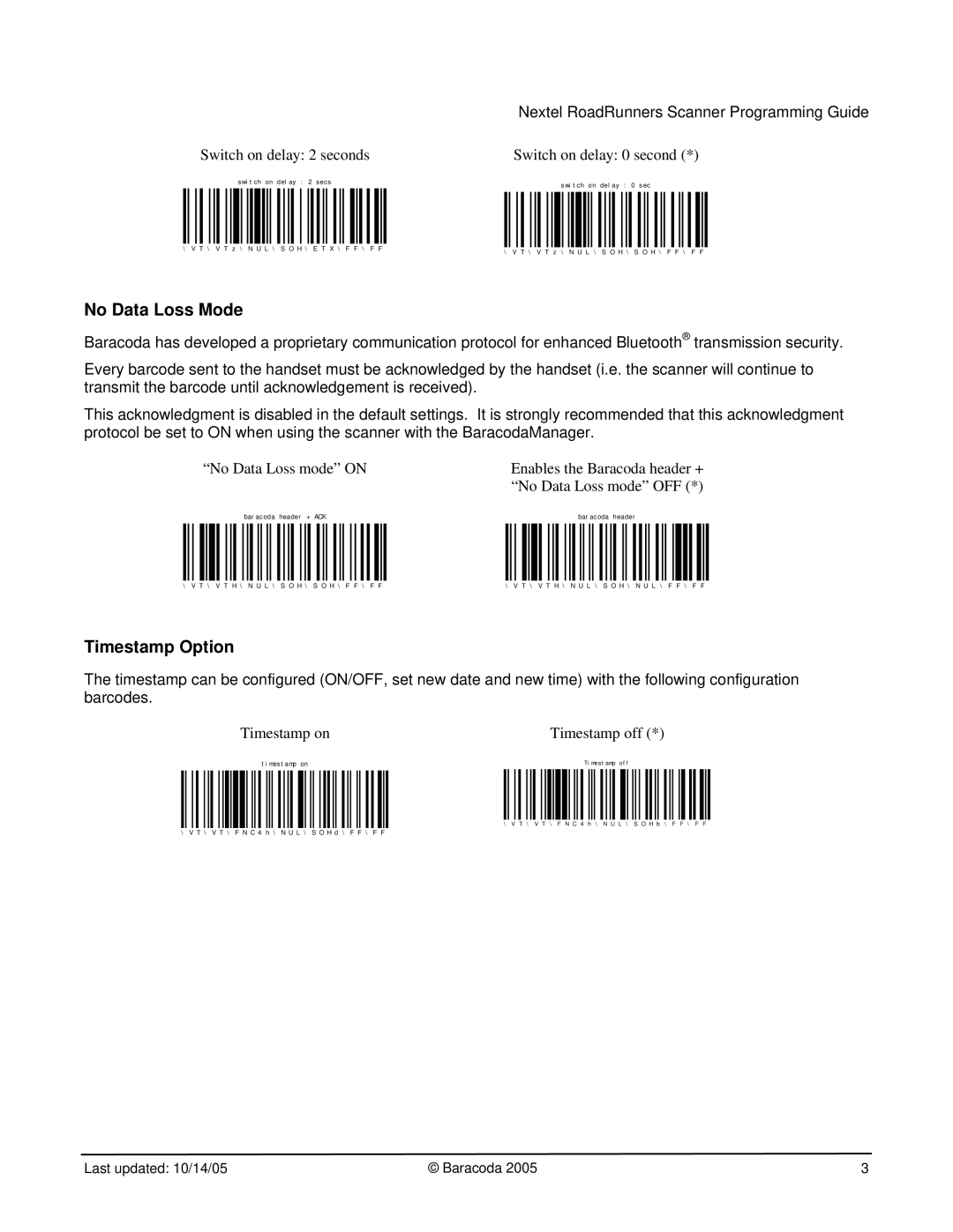 Nextel comm BRR-L manual No Data Loss Mode, Timestamp Option, Switch on delay 2 seconds Switch on delay 0 second 