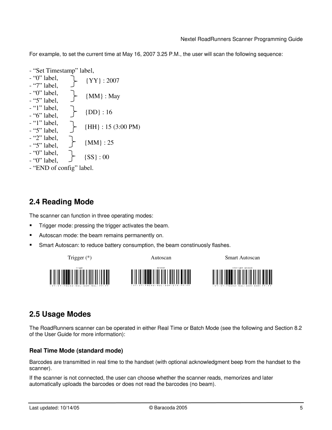 Nextel comm BRR-L manual Reading Mode, Usage Modes, Real Time Mode standard mode, Trigger, Smart Autoscan 