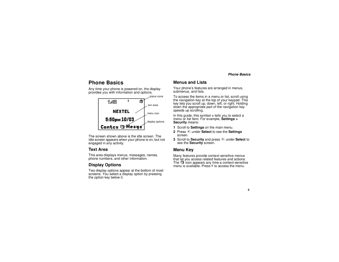 Nextel comm H69XAH6RR1AN manual Phone Basics, Text Area, Display Options, Menus and Lists, Menu Key 