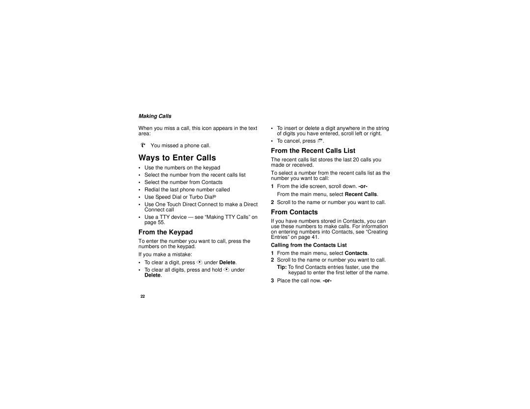 Nextel comm H69XAH6RR1AN Ways to Enter Calls, From the Keypad, From the Recent Calls List, From Contacts, Making Calls 