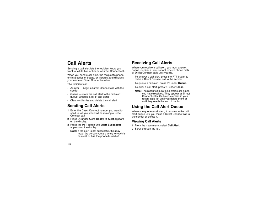 Nextel comm H69XAH6RR1AN Sending Call Alerts, Receiving Call Alerts, Using the Call Alert Queue, Viewing Call Alerts 