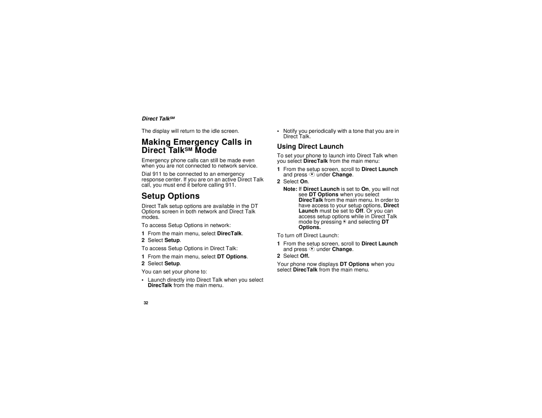 Nextel comm H69XAH6RR1AN manual Making Emergency Calls in Direct TalkSM Mode, Setup Options, Using Direct Launch 