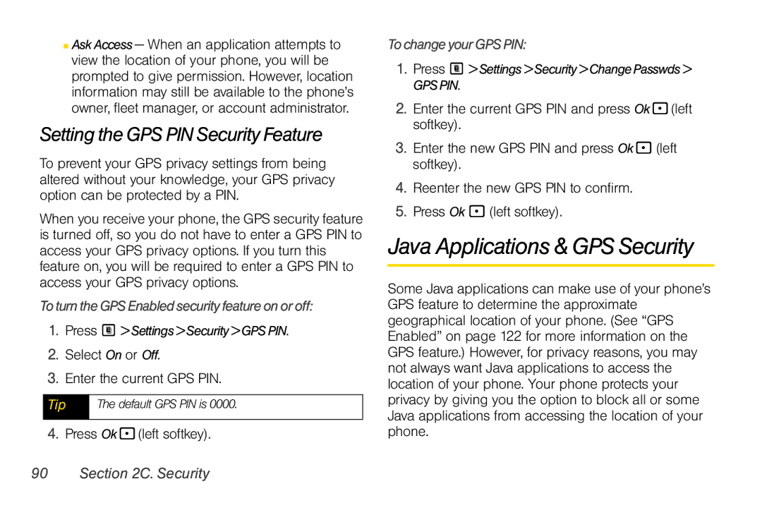 Nextel comm i365 manual Java Applications & GPS Security, Setting the GPS PIN Security Feature, Tochangeyour Gpspin 