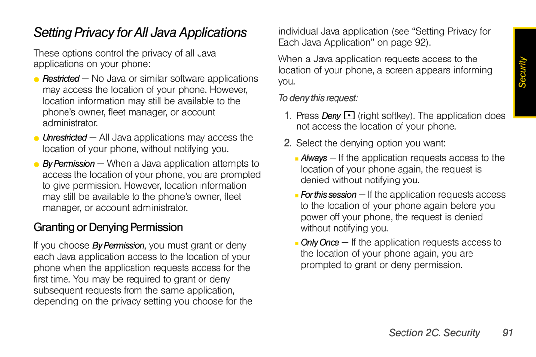 Nextel comm i365 manual Setting Privacy for All Java Applications, GrantingorDenyingPermission, To denythis request 