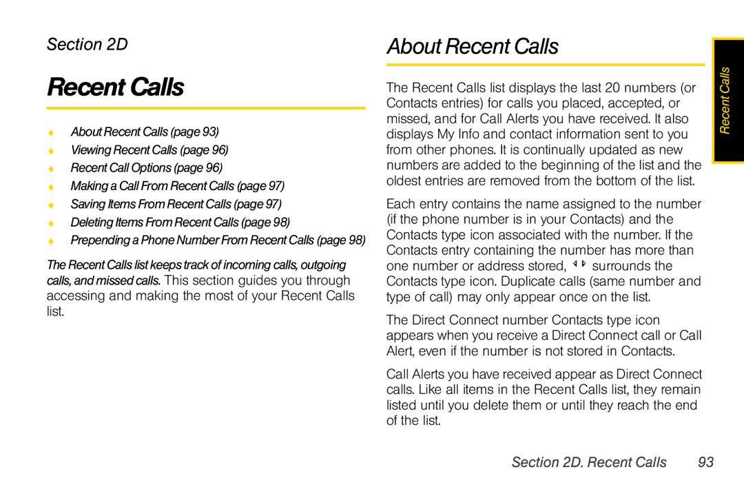 Nextel comm i365 manual About Recent Calls, Prepending a Phone Number From Recent Calls 